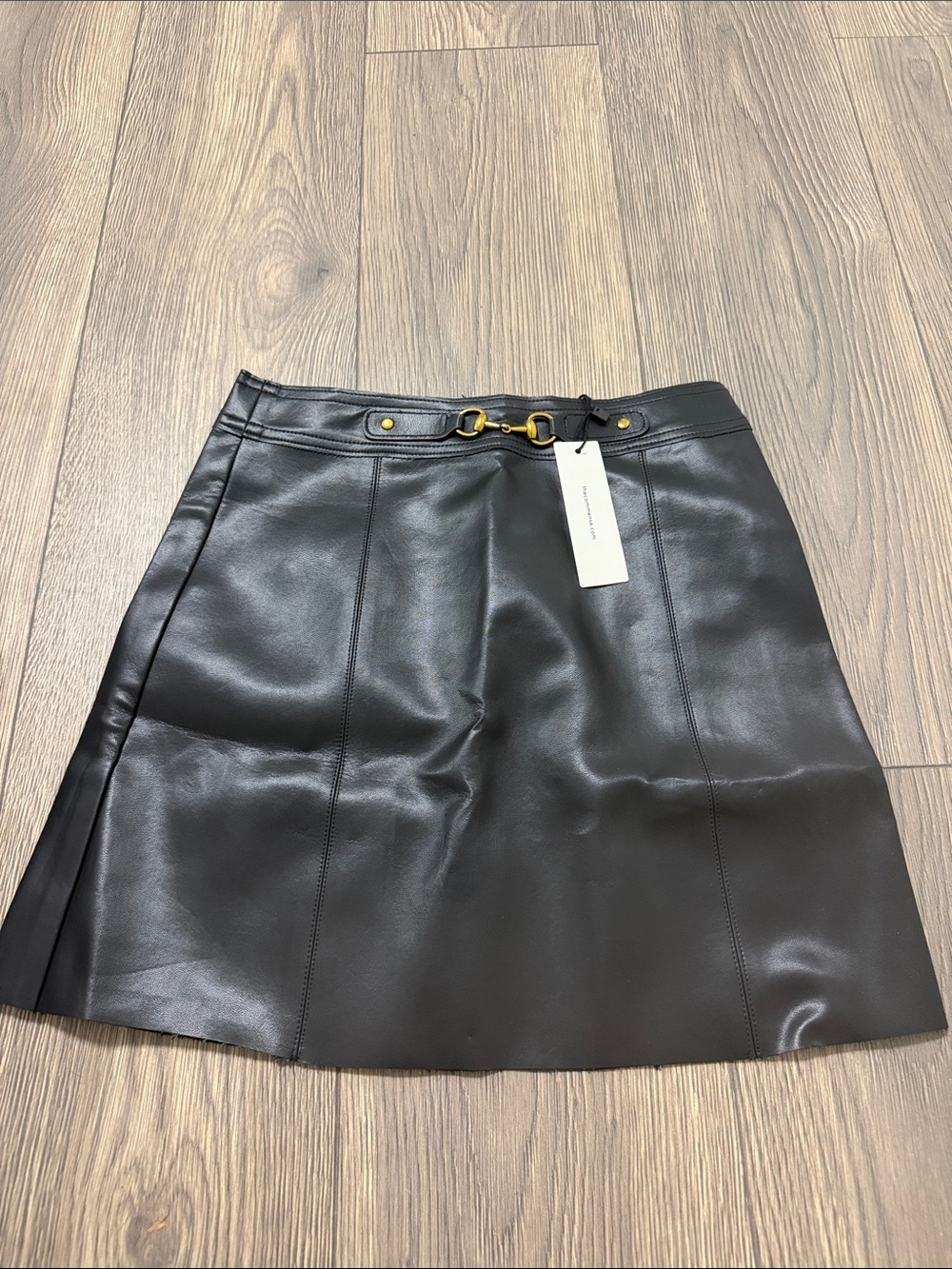 Commense Black Faux Leather A-Line Skirt with Gold Hardware
